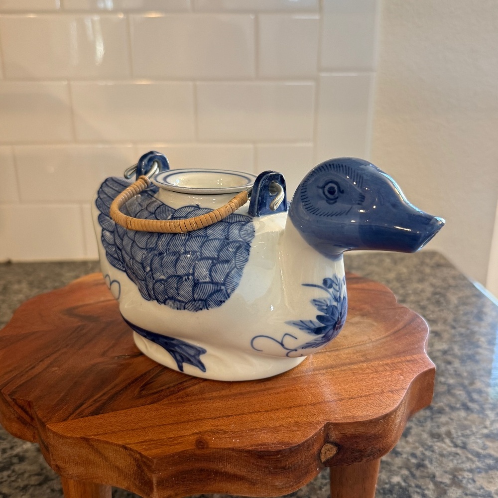 Vintage Blue and White Hand Painted Porcelain Duck Teapot